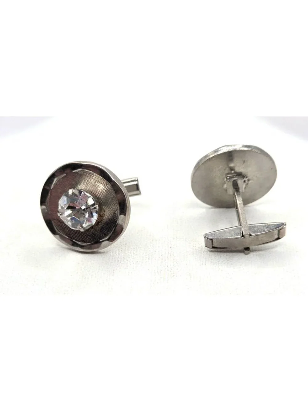 Vintage Silver-Tone Cufflinks With Clear Rhinestone Accent Round Design
